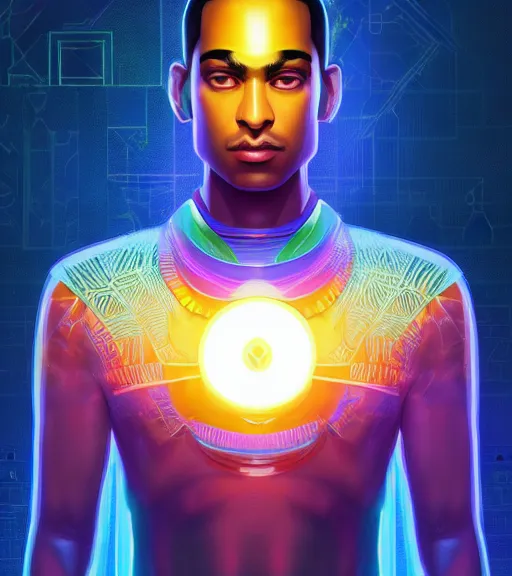 Image similar to symmetry!! egyptian prince of technology, solid cube of light, hard edges, product render retro - futuristic poster scifi, lasers and neon circuits, brown skin man egyptian prince, intricate, elegant, highly detailed, digital painting, artstation, concept art, smooth, sharp focus, illustration, dreamlike, art by artgerm