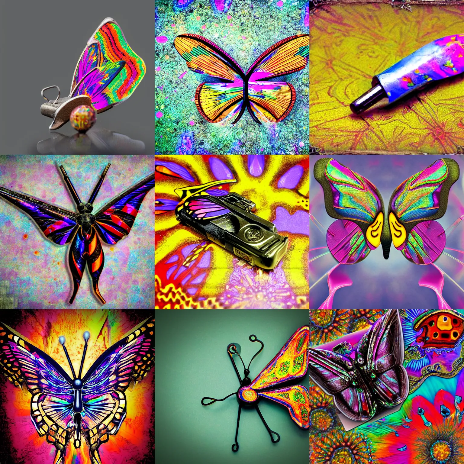 Prompt: a 9 mm bullet with butterfly wings, psychedelic colors, photography, advertisement