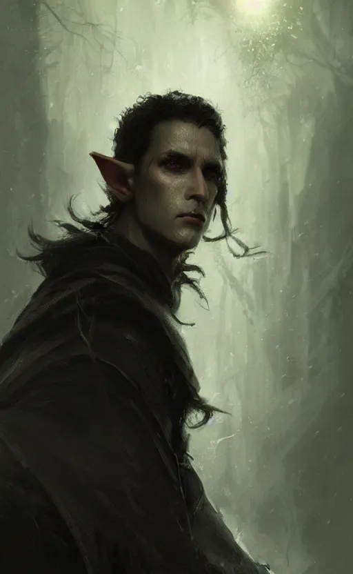 Image similar to Portrait of an elf in a black cloak, black hair, glowing eyes, male, detailed face, fantasy, highly detailed, cinematic lighting, digital art painting by greg rutkowski