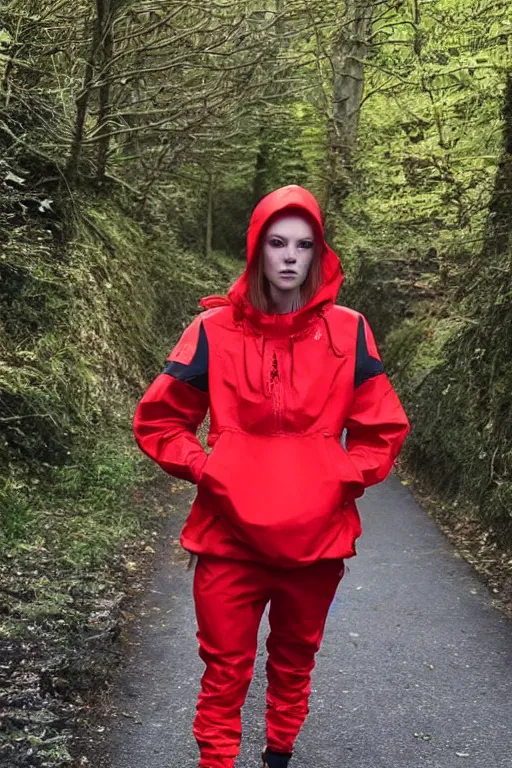 Image similar to beautiful red haired british woman in techwear, techwear look and clothes, hyper-maximalist, highly-detailed and intricate, ACRNYM, Errolson Hugh, Y3, trending on r/streetwear, outfit photo, we see them from head to toe