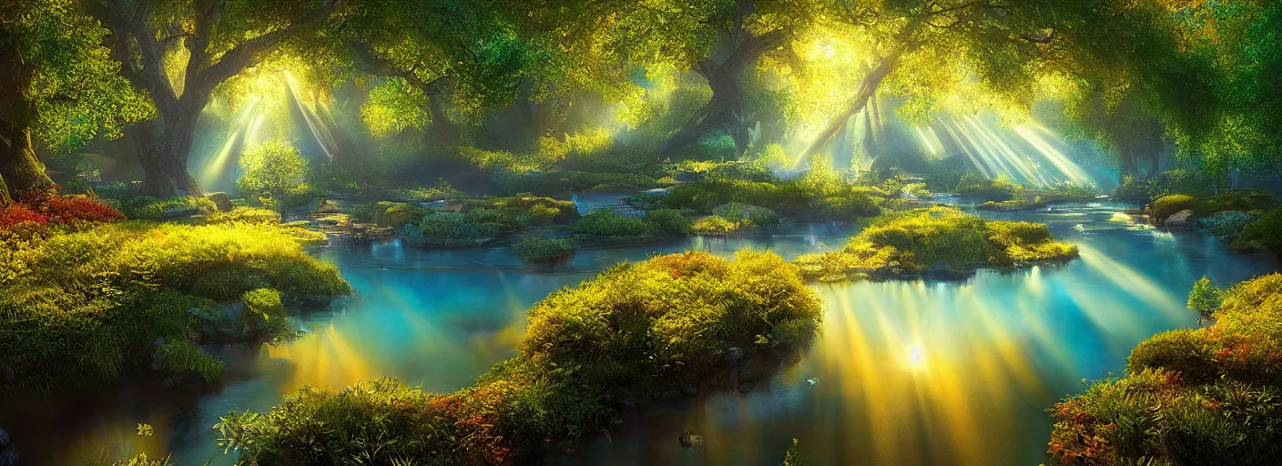 Image similar to photograph of enchanted garden, clear blue pond in the middle, rays of light by marc adamus, highly detailed, intricate detail, cinematic lighting