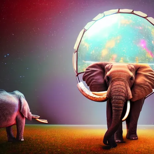 Image similar to a hyperrealistic 3D octane render of an elephant wearing virtual reality goggles playing a synthesizer inside of a geodesic dome planetarium with planets and galaxies, trending on artstation, 8k, 4K, dramatic lighting, glowing, volumetric lighting, ray tracing, unreal engine