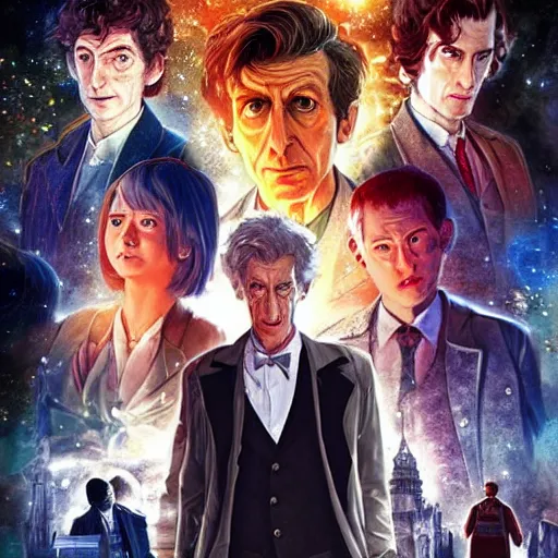 Prompt: Doctor who, (((Japanese game poster))) , Artwork by Akihiko Yoshida, cinematic composition