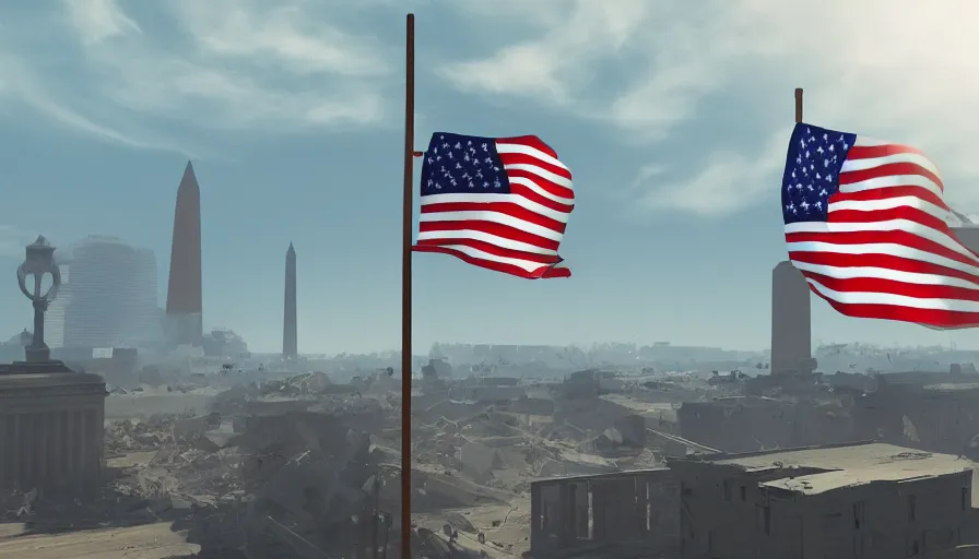 Prompt: us flag on pole flying in the wind in destroyed washington dc city, sunny day, hyperdetailed, artstation, cgsociety, 8 k