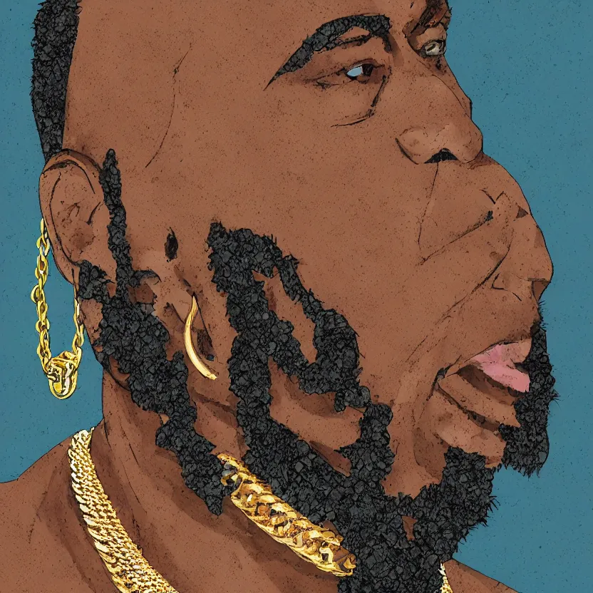 Image similar to mr. t, feather earrings, gold chains, stylized digital art