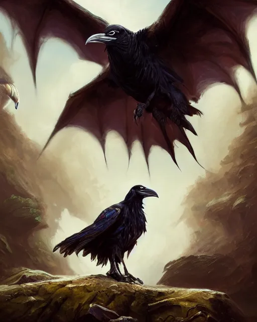 Image similar to oil painting of a Anthropomorphized raven shaman fusing with dragon, sharp focus, heroic pose, fantasy style, octane render, volumetric lighting, 8k high definition, by greg rutkowski, highly detailed, trending on art Station, magic the gathering artwork, Woodland background, centered