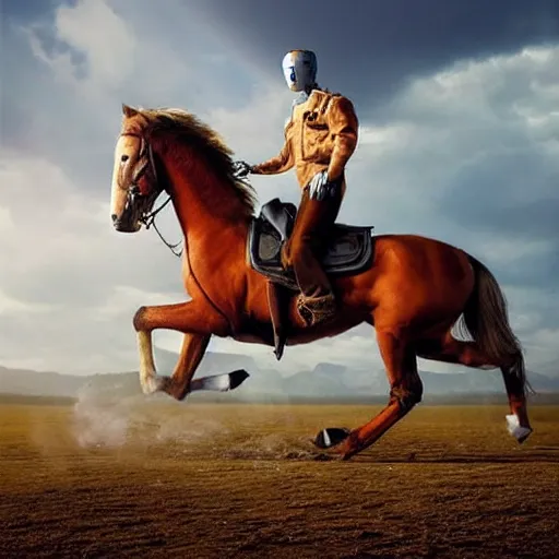 Image similar to a robot riding a horse, hyperrealistic, National Geographic photo, as coherent as Dall-E 2
