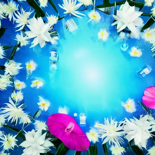 Image similar to centered bright perfume bottle standing in clear blue rippling water surrounded by a plethora of white flowers and tropical leaves and fauna upfront, with dreamy bright blue sky and clouds in the background, illumination lighting, sharp focus, surreal photography, vogue, hartper's bazaar, sephora,