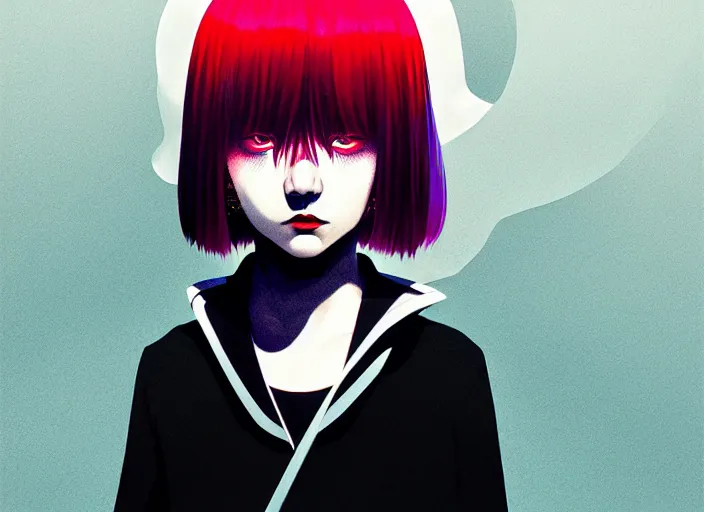 Image similar to editorial illustration by Karolis Strautniekas and Mads Berg, colorful, anime portrait vampire princess miyu, katsuhiro otomo, manga, Ilya kuvshinov,fine texture, manga shading, fine details, matte colors, film noir, dramatic lighting, dynamic composition, moody, vivid, volumetric,Narumi Kakinouchi