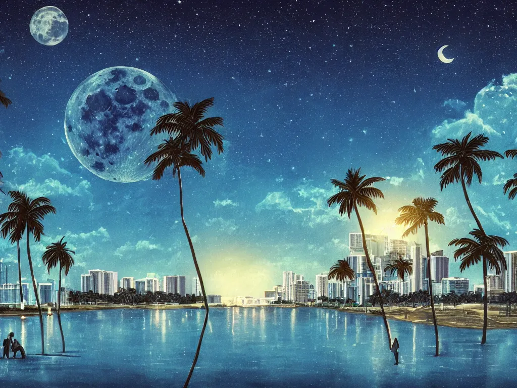 Image similar to night on a summer miami beach, city on the background, palm trees, footprints in the sand, full moon reflected in the calm ocean, starry sky 8 k, ultra detailed, trending on artstation, digital painting, synthwave style