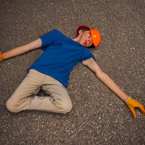 Prompt: young lanky Florida warehouse worker laying on the ground in the middle of a parking lot outside a logistics building, he is exhausted from work and staring into the night sky, realisitc photo, cinematic f/1.8 lens