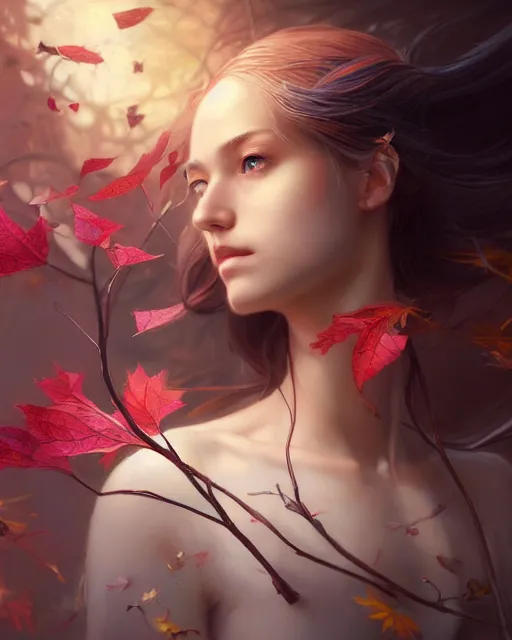 Image similar to a ( ( girl as personification of intellect ) ), silk, leaves, beauty, fantasy, digital painting by krenz cush art, greg rutkowski, artgerm, laurie greasly, wlop, intricate, highly detailed!!, sharp focus, smooth, epic composition, unreal engine, masterpiece, 8 k, interesting background