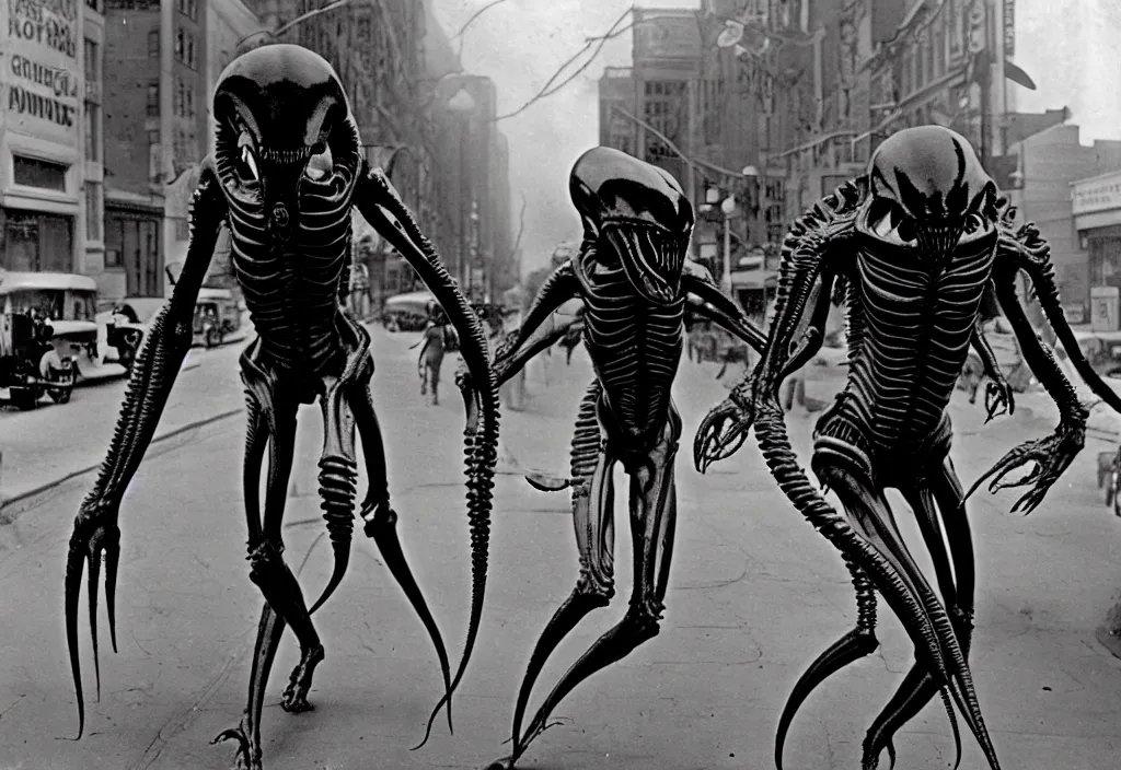 Image similar to old black and white photo, 1 9 1 3, depicting a xenomorph from the movie aliens rampaging through the bustling streets of toronto, historical record
