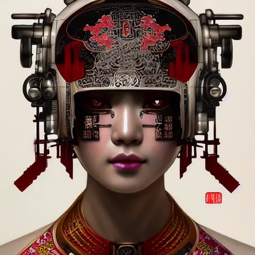 Prompt: a portrait of a female cyberpunk machine, machine face, upper half portrait, decorated with chinese opera motifs, asian, fine china, wuxia, traditional chinese art, intricate, elegant, highly detailed, symmetry, headpiece, digital painting, artstation concept art smooth sharp focus, illustration, art by artgerm and greg rutkowski alphonse mucha 8 k