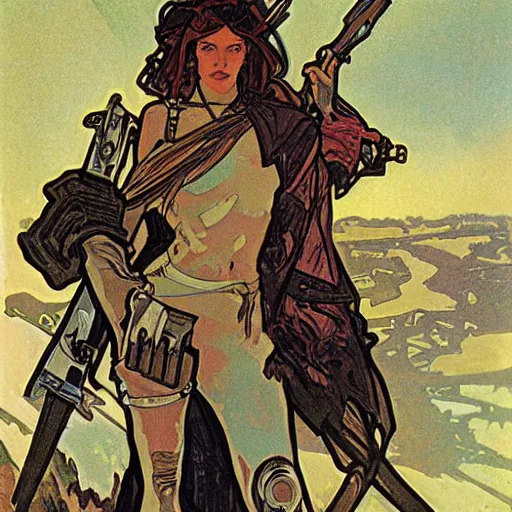 Image similar to postapocalyptic warrior, painted by alphonse mucha