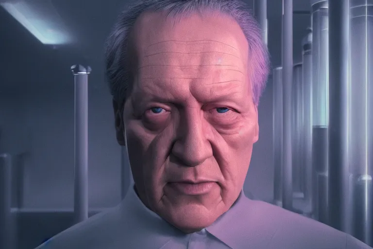 Prompt: an ultra realistic colour cinematic headshot portrait of an evil scientist, stood inside a futuristic lab, colour, detailed, deep focus, movie still, dramatic lighting, ray tracing, by werner herzog and ryoji ikeda