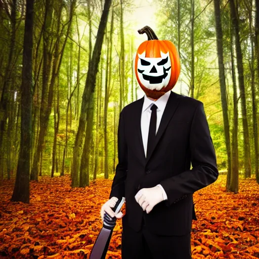 Image similar to man in strict suit with pumpkin mask, Halloween pumpkin, forest background, on plain, bloody knife in right hand, some blood on body, full body, extremely detailed, sharp focus, professional photographer, professional model