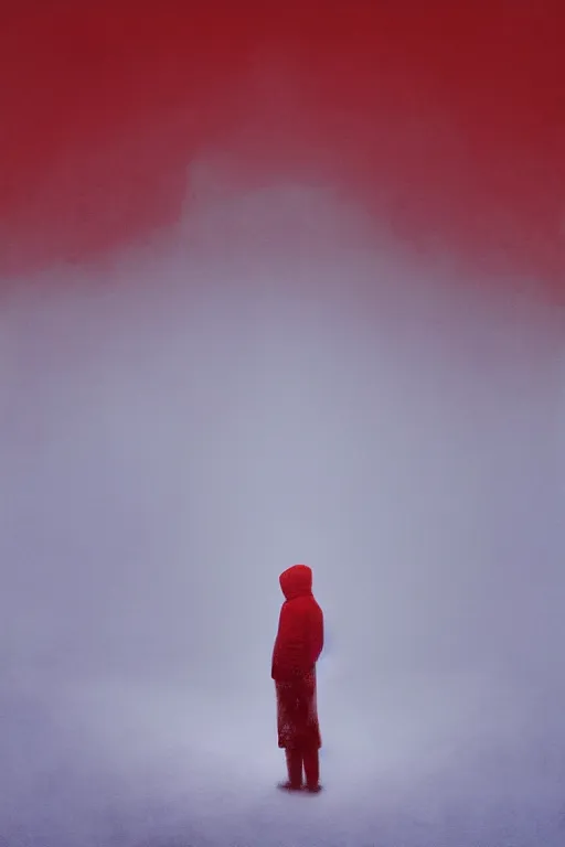 Image similar to a painting of a person standing in the snow, blizzard, a surrealist painting by zdzisław beksinski and by alena aenami, deviantart, nuclear art, dystopian art, apocalypse landscape, red color scheme, surrealist