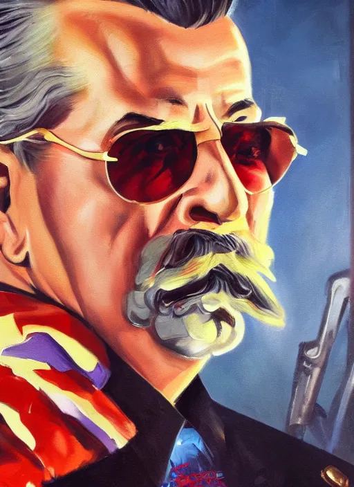 Prompt: a full body high detail fantasy portrait oil painting illustration of Joseph Stalin as an action hero in sunglasses by Justin Sweet with face and body clearly visible, dramatic, action hero, 80s movie, artstation trending, high quality, photolab