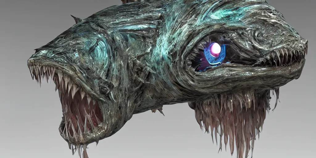 Image similar to angler fish, stylized layered textures, long flowing fins, bioluminescent orbs, 3 d render, substance painter, glowing eye, smooth, sharp focus, art by h r giger