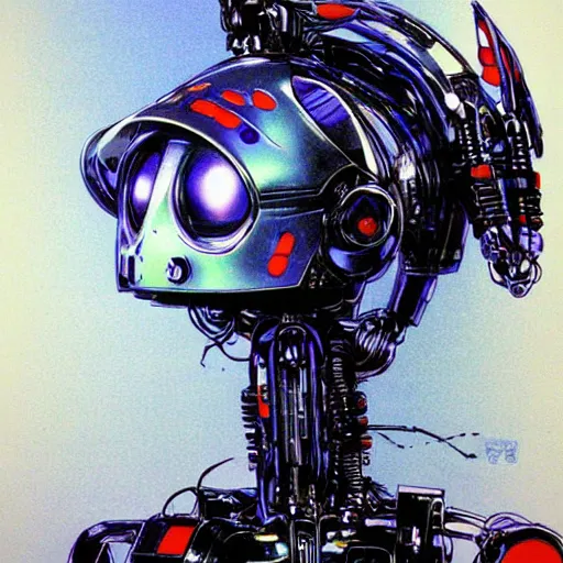 Image similar to a simple concept art of an amazingly designed robot with a modern helmet. an award winning yoshitaka amano poster. a masterpiece by james gurney. deep color.