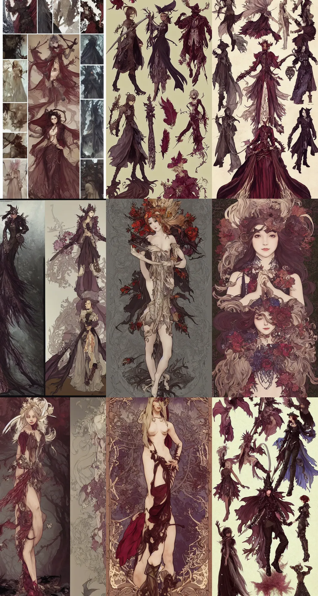 Prompt: Character concept fashion spot illustrations of a Bloodborne and Final fantasy mashup, Halloween, autumn colors, full-body, bloom, dynamic poses, diaphanous cloth, intricate crystalline and feather jewelry, ornate, filigree, arcane, cinematic lighting, by Artgerm, by Alphonse Mucha, by Bouguereau, by Sakimichan, fantasy, portfolio illustration, highly detailed, trending on Artstation, CGsociety, HQ, 8k, 35mm lens, f2.8, Bokeh,