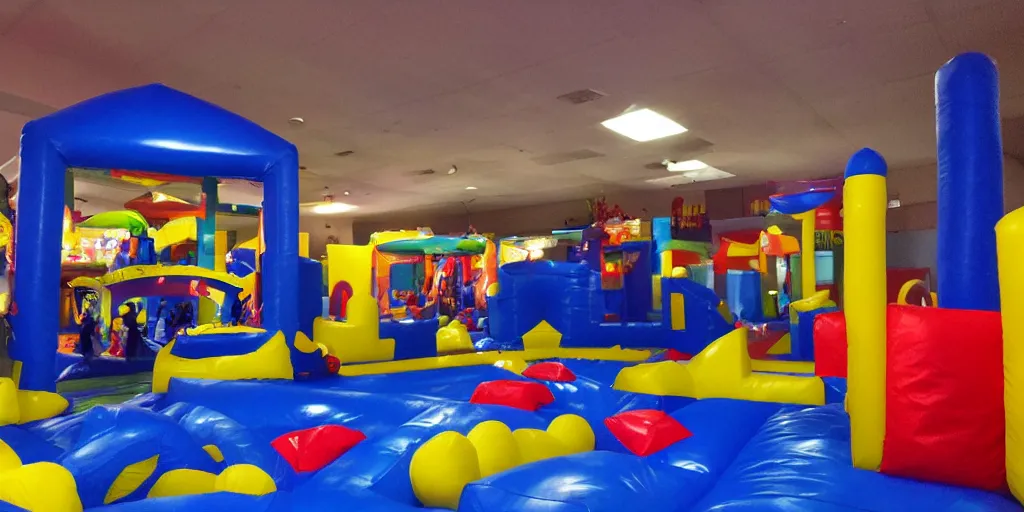 Image similar to a darkly lit indoor playplace bounce house photo taken with a deposable camera, limital space