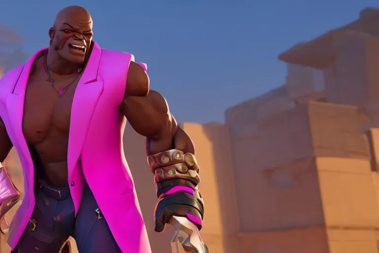 Image similar to doomfist, pink blazer, overwatch game, digital art, high detailed, unreal engine, artstation, 3 d render