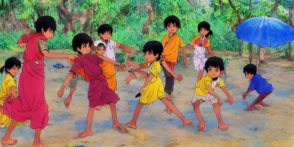 Image similar to sri lankan kids playing, drawn by hayao miyazaki