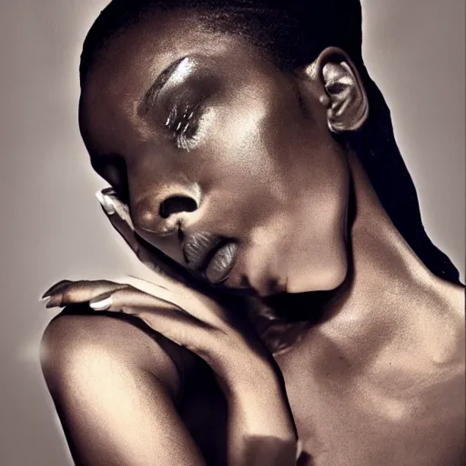 Image similar to black art, woman, beautiful, seductive, fashion editorial, realistic, intricate, detailed, sharp focus, photography, full body