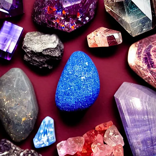 Prompt: a mineral rock, in a dark studio room. Photography of rare minerals. Tanzanite, Red Beryl, Bixbite, Red Emerald, Scarlet Emerald, Opal, Quartz, Elbaite, Calcite, Kunzite. in the style of Mike Rathke.