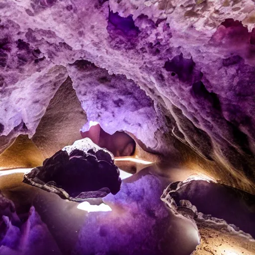 Image similar to photo inside an amethyst cave with a hot spring