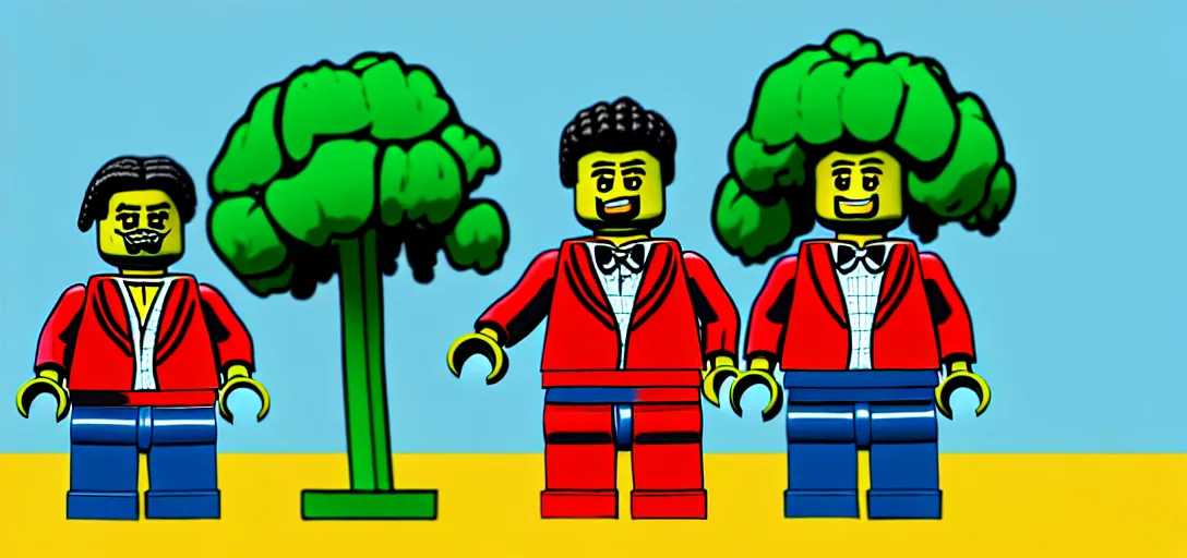 Image similar to lego snoop dogg and wizz khalifa surrounded by bunches of broccoli dean, roger digital art style