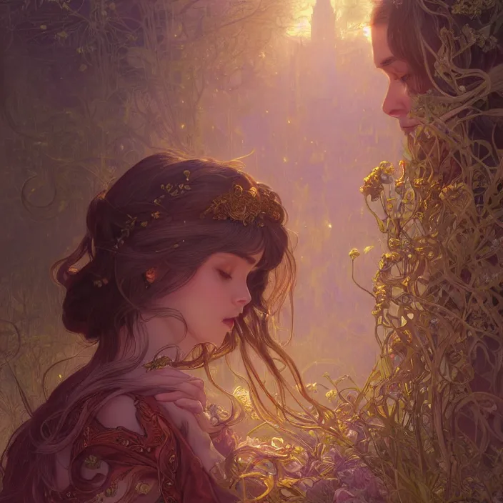 Prompt: iu fantasy novel cover, close up, highly detailed, gold filigree, romantic storybook fantasy, soft cinematic lighting, award, disney concept art watercolor illustration by mandy jurgens and alphonse mucha and alena aenami, pastel color palette, featured on artstation