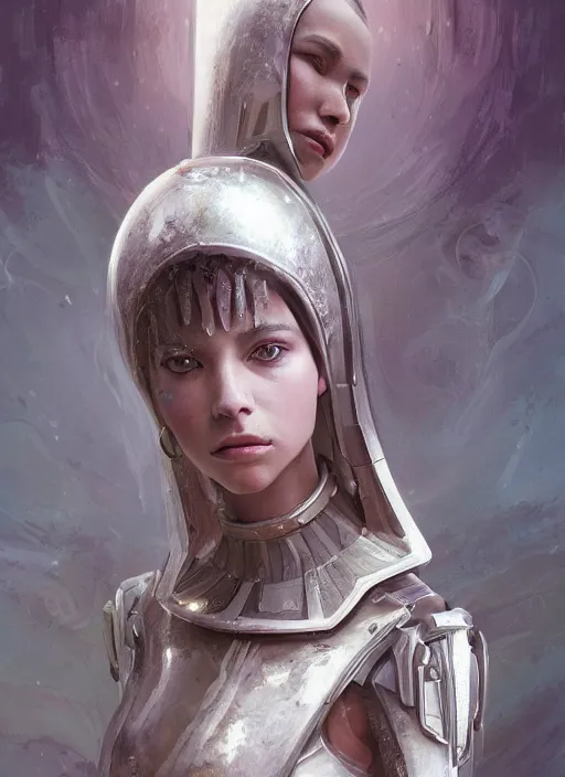 Image similar to a professional painting of a beautiful young female alien, clothed in ethereal armor, olive skin, long dark hair, beautiful bone structure, symmetrical facial features, intricate, elegant, digital painting, concept art, smooth, sharp focus, illustration, from Valerian and the City of a Thousand Planets, by Ruan Jia and Mandy Jurgens and Artgerm and William-Adolphe Bouguerea