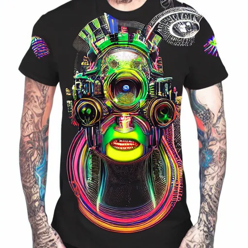 Image similar to black tshirt with a hyperdetailed portrait of a trippy diesel punk robot, 8 k, symetrical, flourescent colors, halluzinogenic, multicolored,