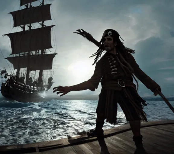 Prompt: still of davy jones playing basketball, pirates of the caribbean screenshot, movie still, photorealistic, cinematic lighting, daylight, deck of the ship, clean composition