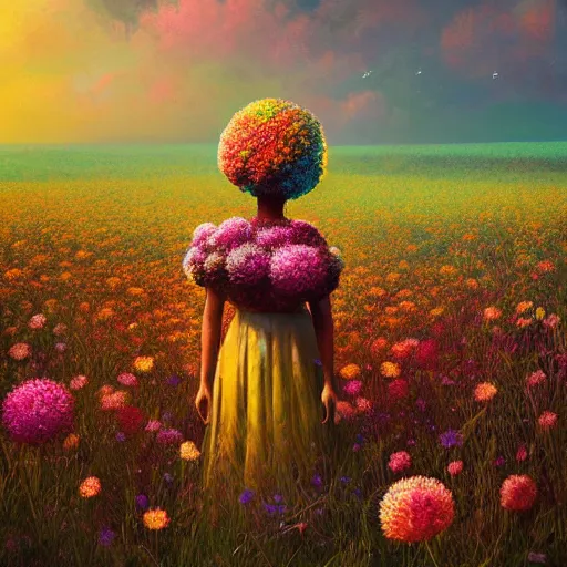 Prompt: girl with flower afro, standing in a field with flowers, surreal photography, hills, big trees, sunrise dramatic light, impressionist painting, colorful clouds, digital painting, pointillism, artstation, simon stalenhag