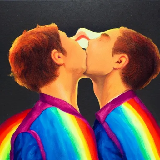 Prompt: two gay men kissing as rainbows explode their heads, oil painting