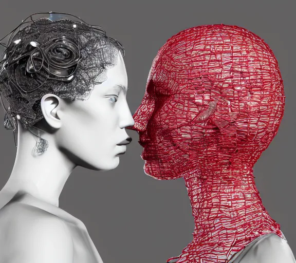 Prompt: a complex 3d render ultra detailed of two tulle wrapped perfect human face female half android queens praying together with wires tangled behind them connected to giant computer,bowknot, fine lace. GUCCI,sculpture,red rose, sparkling, jewel embellishment, cyberpunk 2077, film lighting, anatomical, facial muscles, cable wires, microchip, by Stanely Artgerm, Tom Bagshaw, Andrei Riabovitchev, aaron horkey, trending on pinterest,ZBrush, full of color, luxury, mythological, ultra realistic, high detail,concept art,golden ratio,cinematic lighting H 768