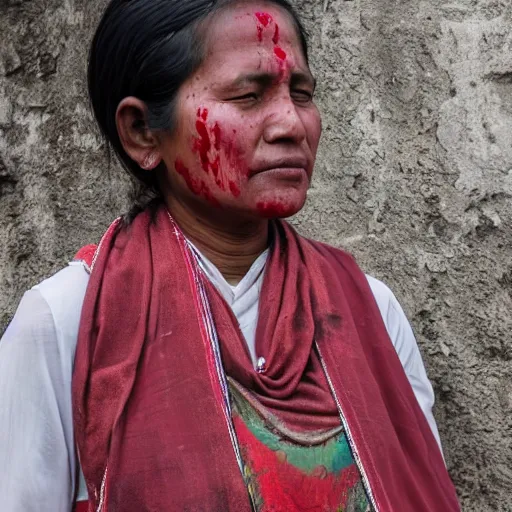 Prompt: a nepali woman wearing a white shawl covered in blood, realistic