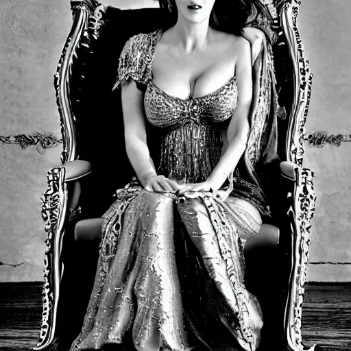 Prompt: Monica Bellucci as a Goddess sitting on a throne