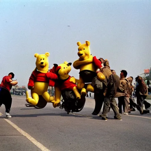 Prompt: Winnie the Pooh. Tank Man. Tiananmen Square, 1989