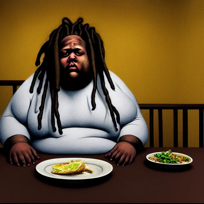 Prompt: hyperrealistic mixed media portrait of a moridly obese black man with dreads being sitting alone at a restaurant, depressing and hopeless vibe, stunning 3d render inspired art by P. Craig Russell and Barry Windsor-Smith + perfect facial symmetry + dim volumetric lighting, 8k octane beautifully detailed render, post-processing, extremely hyperdetailed, epic composition, grim yet sparkling atmosphere, cinematic lighting + masterpiece, trending on artstation