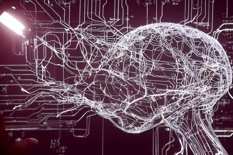 Prompt: building a futuristic artificial Ai glass led brain wires and cables and circuitry natural lighting by Emmanuel Lubezki