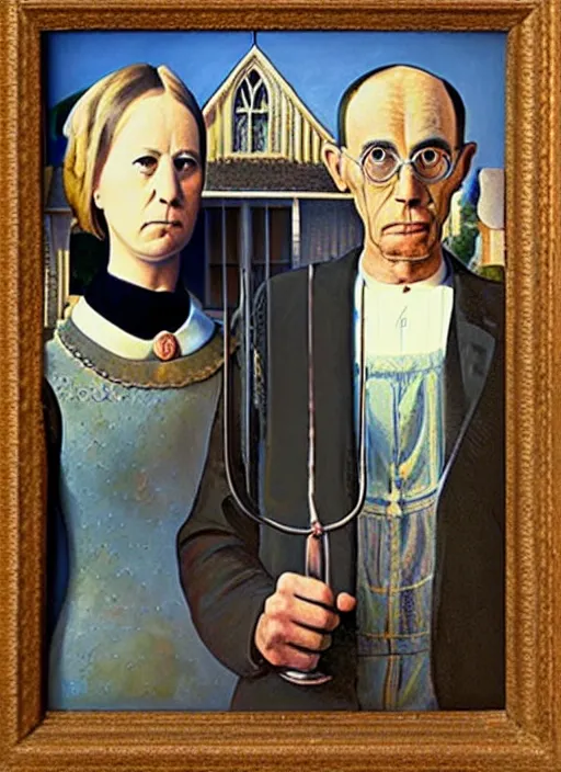 Image similar to a painting by grant wood of an astronaut couple, american gothic style