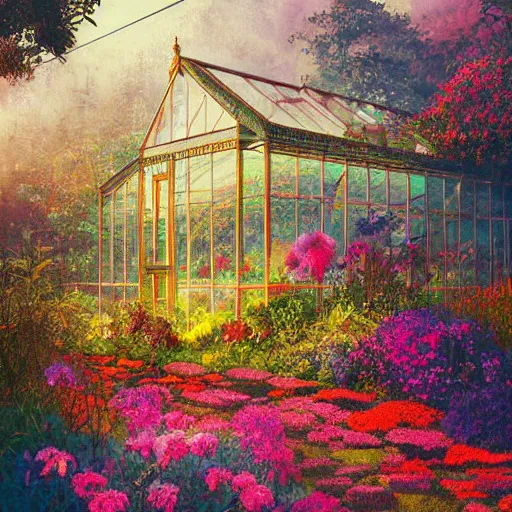 Prompt: painting of a botanical garden greenhouse serene morning light colorful flowers, vivid colors, Alena Aenami, Rebecca Guay, science fiction vintage art