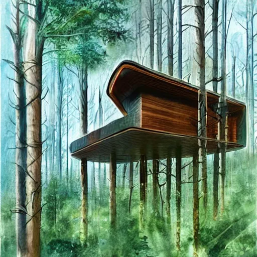 Prompt: lonely overgrown futuristic sci-fi wooden house in the middle of pine forest glade Carpathian forests europe, Nice colour scheme, soft warm colour. Studio Gibli. Beautiful detailed watercolor by Lurid. (2022)