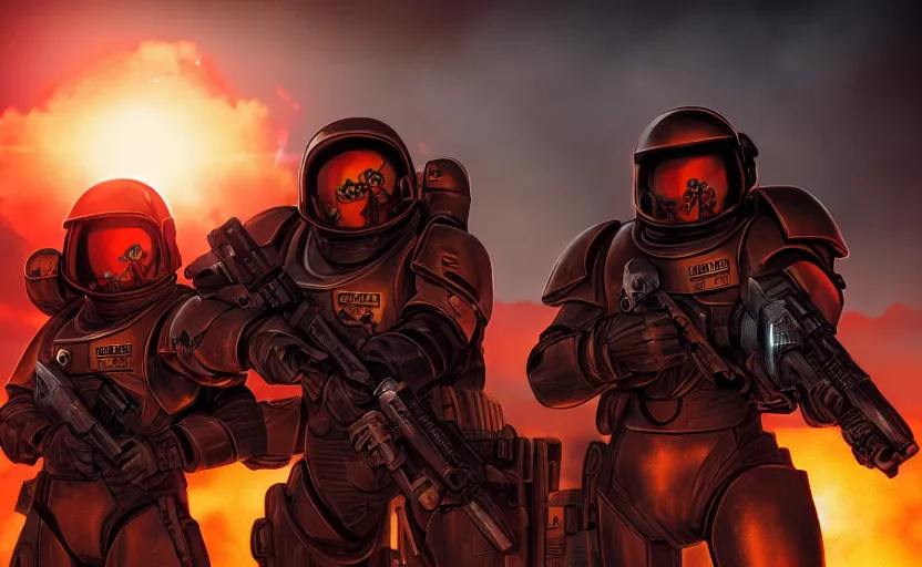 Image similar to gritty comic book cover, 2 beautiful woman space marines!, back to back firing heavy bolters, shouting, pretty eyes, sunset lighting, war silhouette in background, hyper realism, realistic shading, cinematic composition, blender render, octane render, hdr, detailed textures, photorealistic, ultrawide shot, 1 6 mm lens