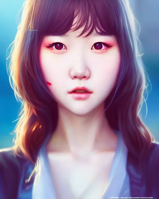 Image similar to realistic movie poster portrait photo : : of yerin baek by weta, marvel : : by wlop, ilya kuvshinov, rossdraws, artgerm, artstation, unreal engine : : rave makeup, pearlescent, sunny day, blue sky, vogue cover : :